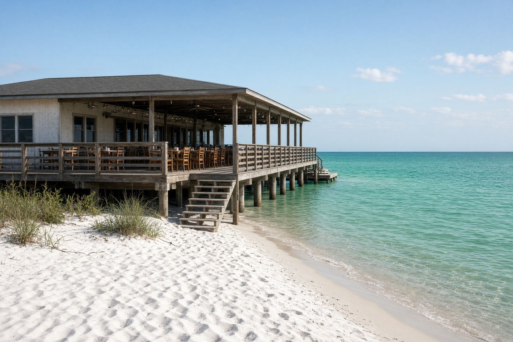 A raised wooden beach house deck on white sand above clear green water