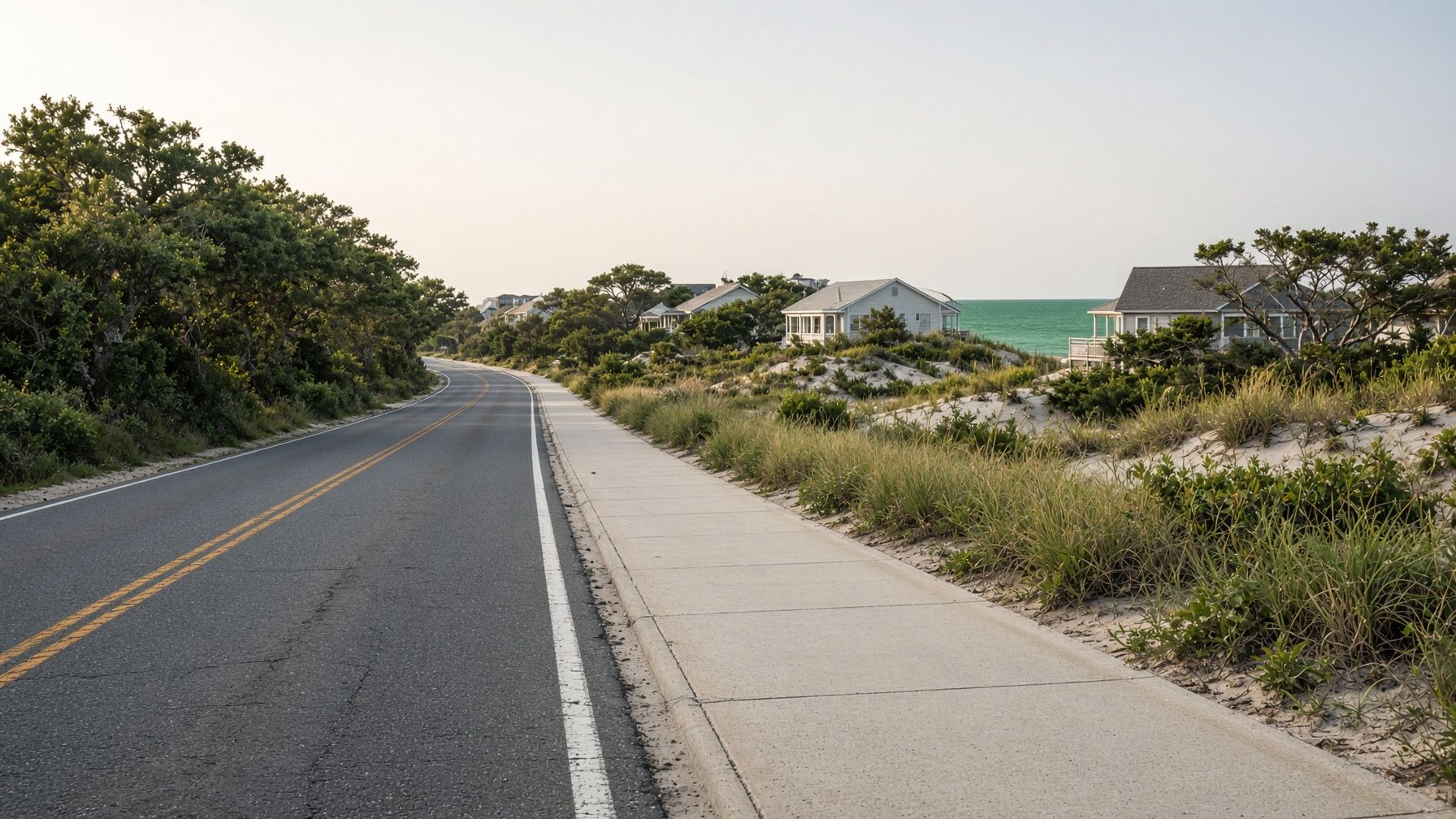 A road and sidewalk through the dunes on Scenic 30A